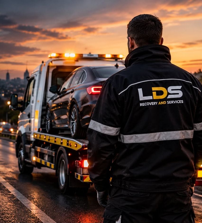 LDS team member in branded jacket watching a recovery truck depart at dusk