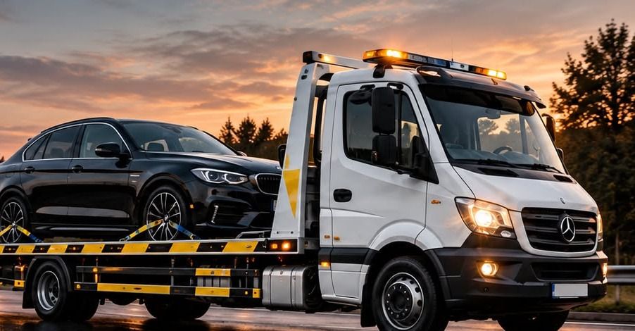 Recovery truck transporting a black car at sunset