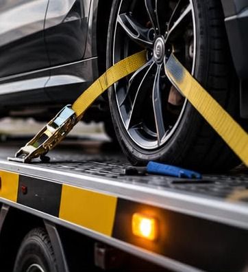 Close-up of a yellow ratchet strap securing a wheel to the truck bed