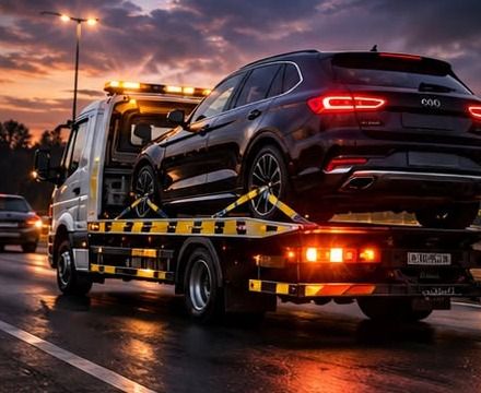 Recovery truck carrying an SUV at dusk with lights on