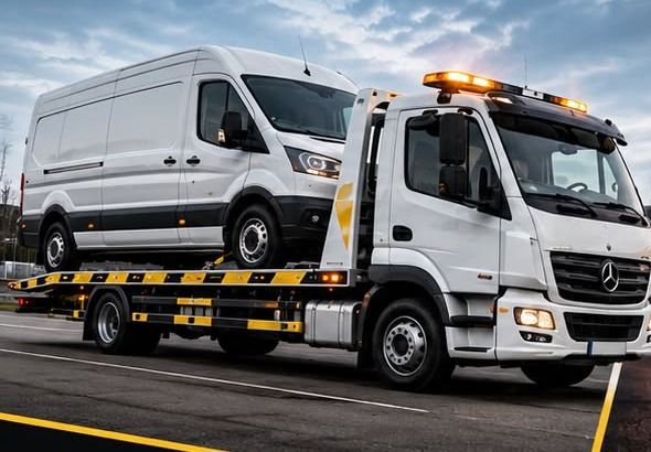 White panel van carried on a recovery truck on a dual carriageway