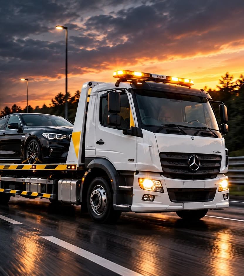 LDS recovery truck with amber beacons lit, carrying a black car along a wet road at dusk