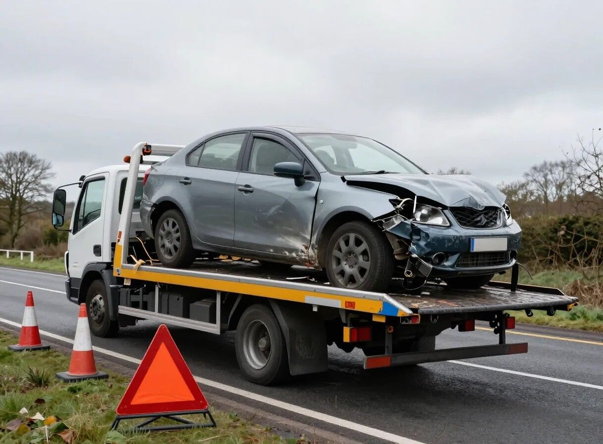 Accident-damaged car loaded onto a flatbed recovery truck beside warning cones and a hazard triangle