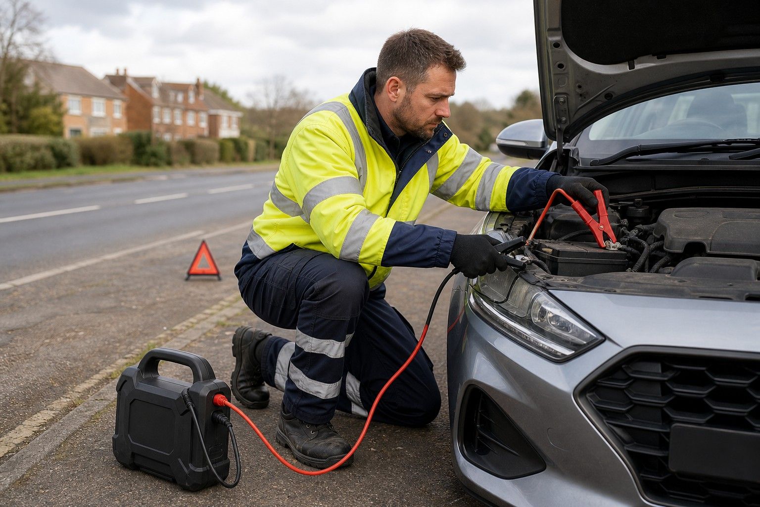 Recovery technician in hi-vis connecting a jump pack to a car battery at the roadside