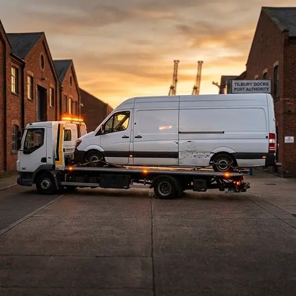 Panel van loaded on a recovery truck at sunset
